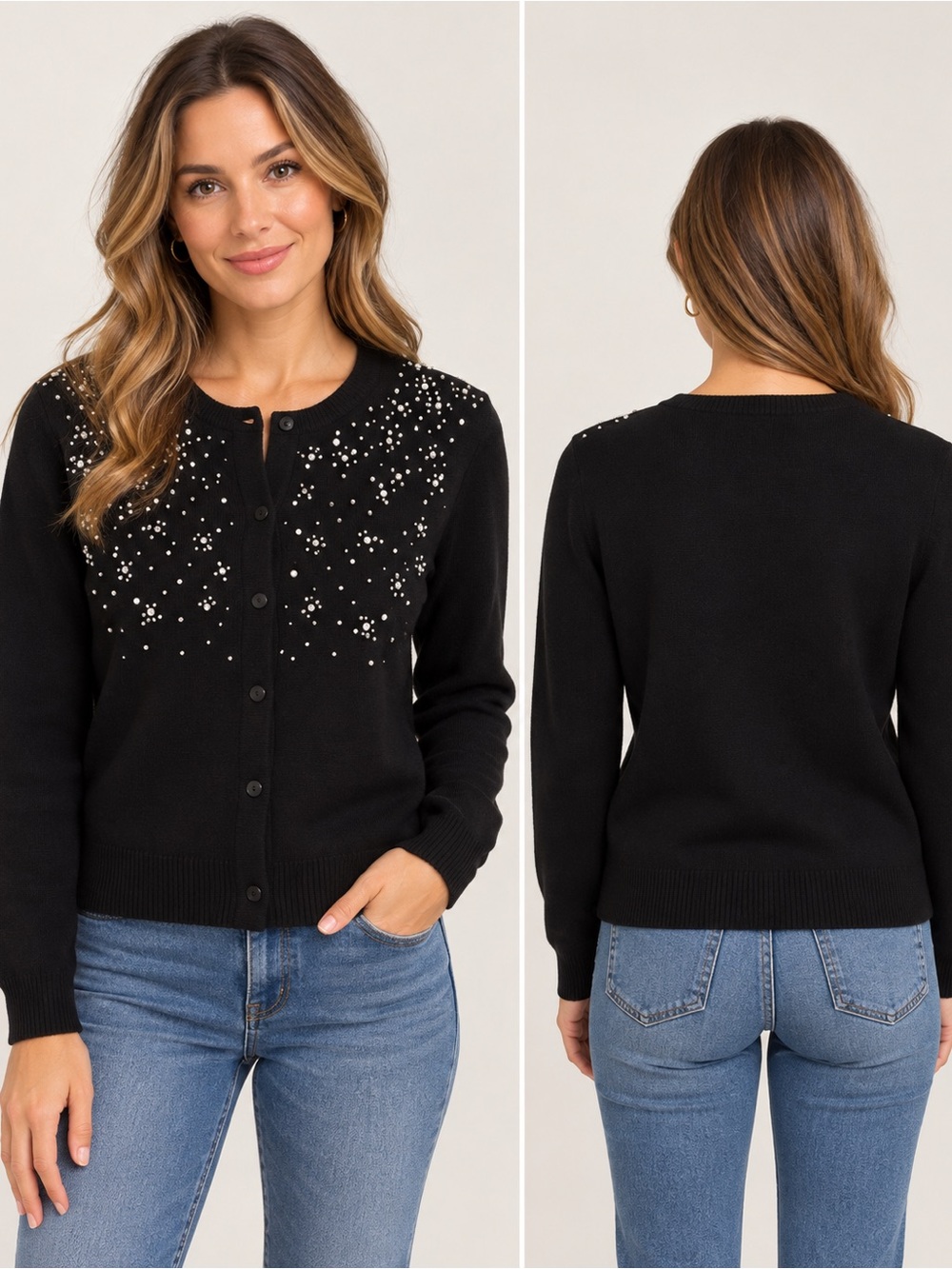 Grace Black Cardigan with Pearl & Stud Accents